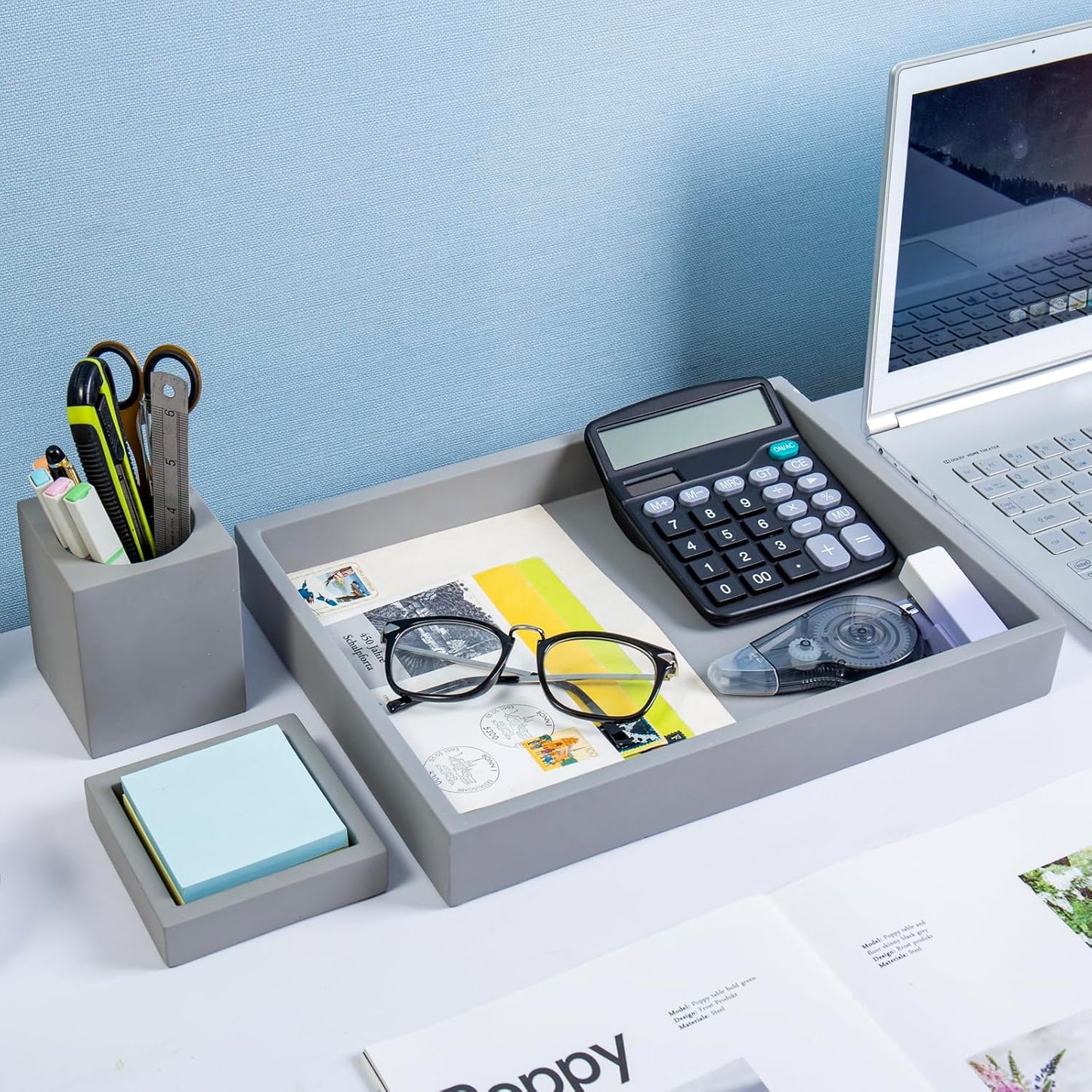 MyGift 3 pcs Set Modern Gray Concrete Desk Organizer Trays, Desktop Office Paper Tray, Stationery Holder Pencil Cup, Sticky Note Pad Holder