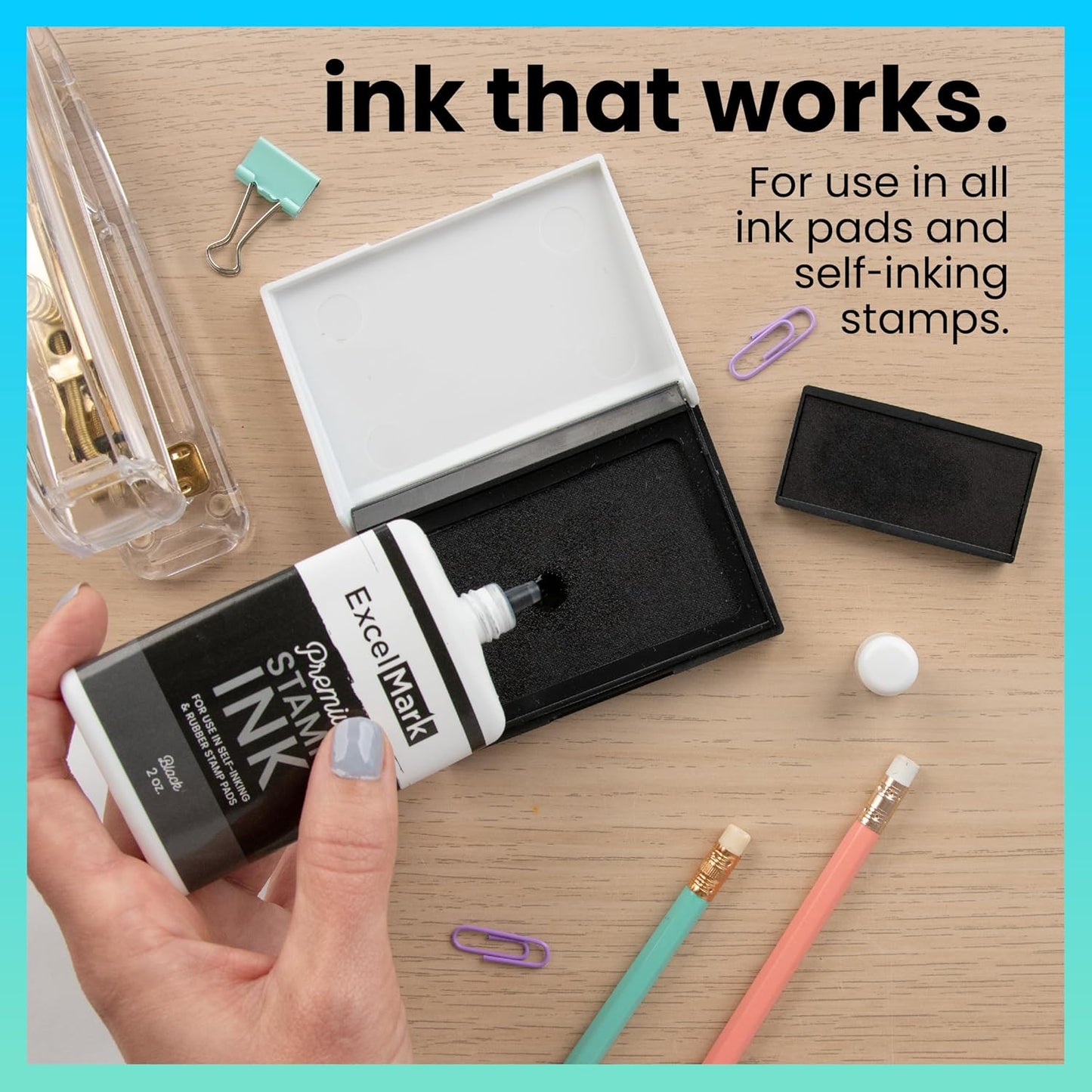 ExcelMark Stamp Ink – Ink Refill for Stamp Pads & Self-Inking Stamps - No Mess Precision Tip - Easy Re-Inking - Perfect for Crisp, Clear Impressions - 2 oz. - Black Ink