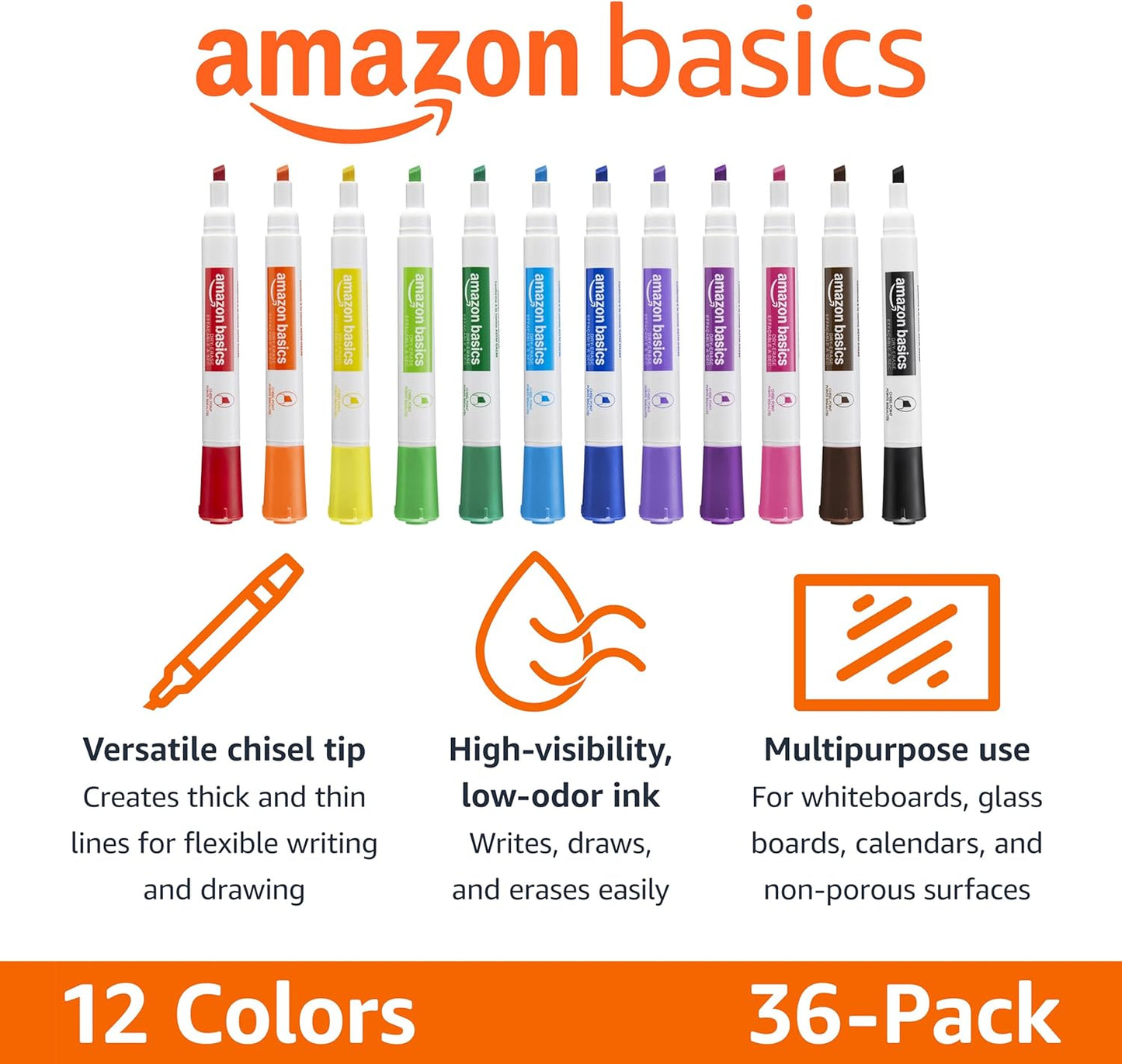 Amazon Basics Low-Odor Dry Erase Whiteboard Markers, Chisel Tip, 12 Assorted Colors, 36 Count