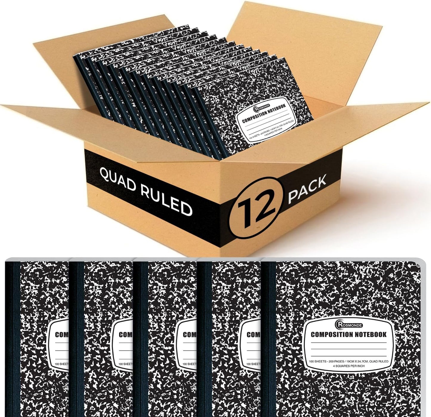 Rosmonde 12 Pack Graph Paper Composition Notebook, 200 Pages (100 Sheets), 4x4 Grid, Graph Composition Notebook, Black Marble Hard Cover Quad Ruled Notebooks for School, Bulk Grid Composition Notebook