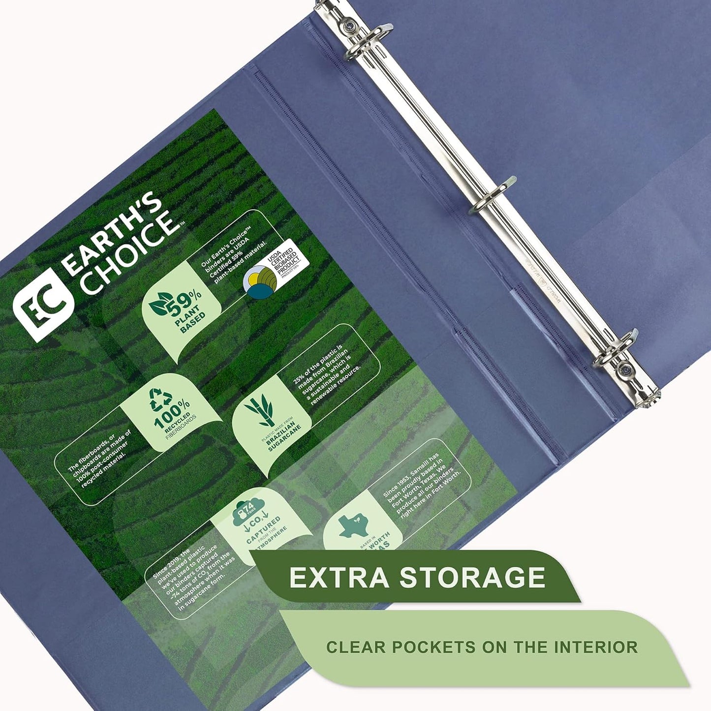 Samsill Plant-Based 1 Inch Durable D-Ring, Made in USA, View Binder, Eco-Friendly, USDA Certified Biobased, Single, Indigo