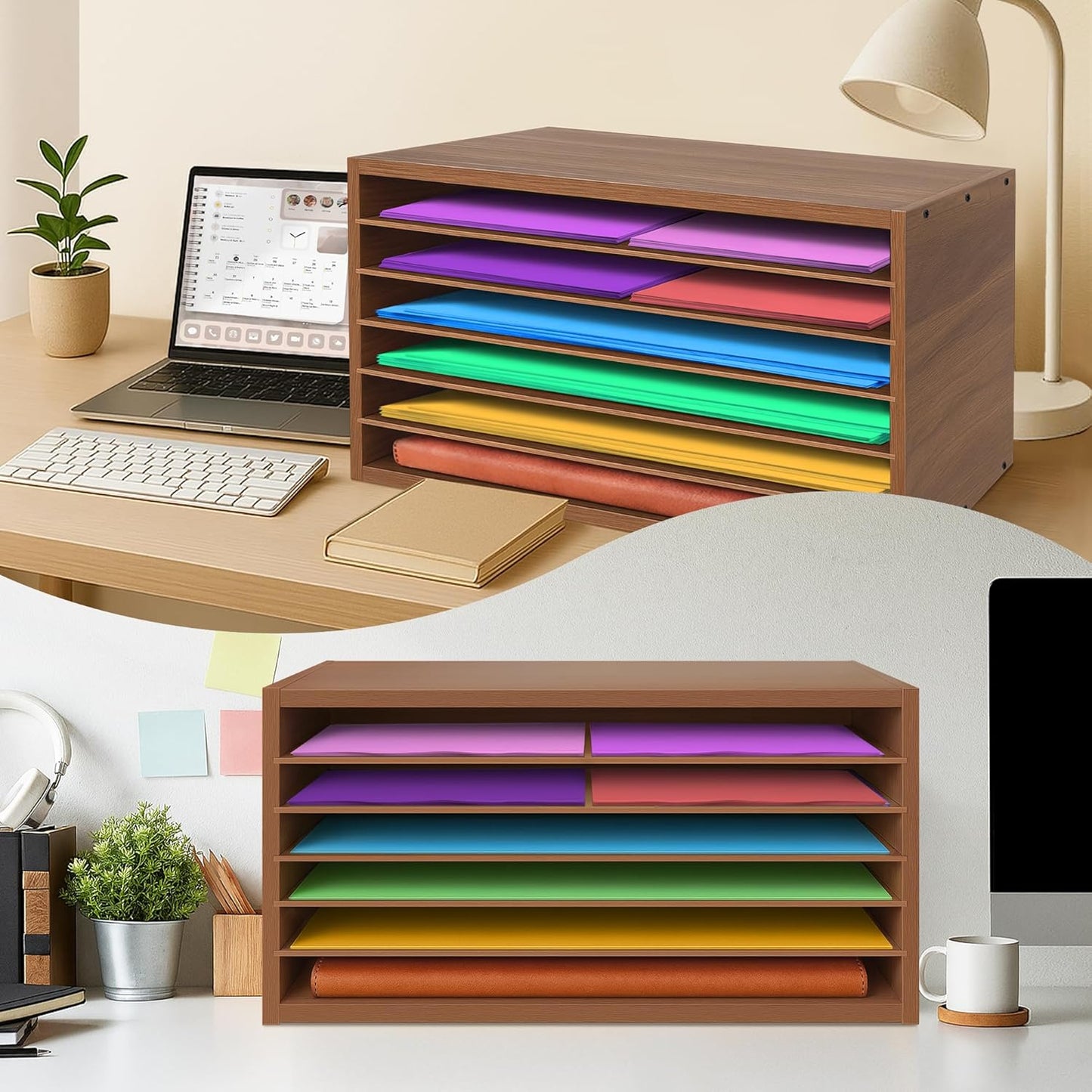 Prolee Construction Paper Organizer 20" x 13.5" x12.2",Soild Wooden Paper Organizer with 6-Tier Letter Trays, Desktop File Papers Sorter for Home, Classroom and Office (Walnut)