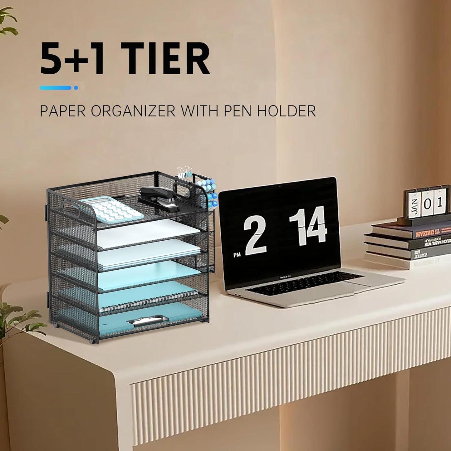 SUPEASY 6 Tier Desk Organizer with 4 Pen Holders, Mesh Paper Organizer Letter Tray with Handle, Desk Organizer Tray File Organizer for A4 File Folder, Black