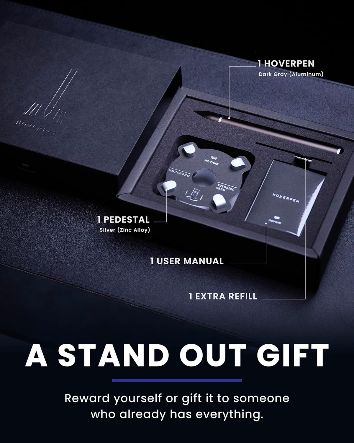 novium Hoverpen - Luxury Pen for Men & Women, Vertically Standing Executive Ballpoint Pen with Top Grade Free-Flowing Ink Refill, Metal Made, Unique Gifts, Luxury Pen for Men, Mens Gifts Ideas