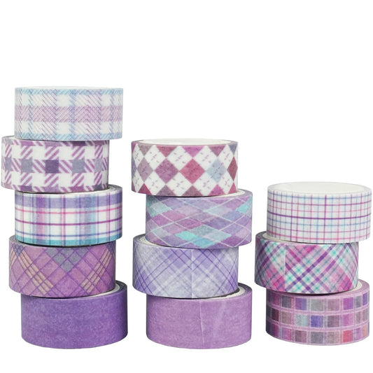 YUBX Basic Grid Washi Tape Set 12 Rolls Plaid Decorative Masking Tapes for Arts, DIY Crafts, Journals, Planners, Scrapbook, Wrapping (Purple)