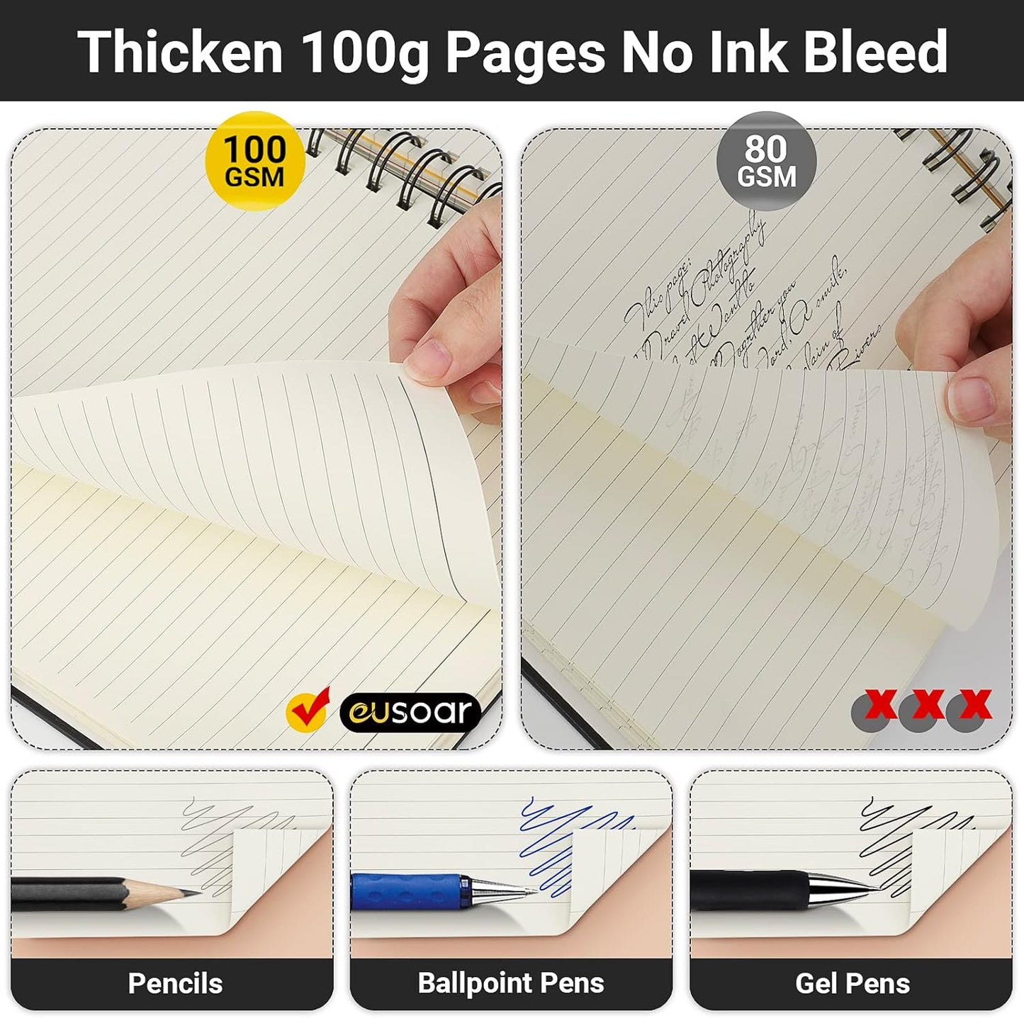 EUSOAR Hardcover Spiral Notebook, 6 Pack A5 5.5"x 8.3", 5 Subject Notebook, 120 Sheets/ 240 Pages, Premium Thick 100gsm, Large Journal Notebooks with Dividers for School Office Note Taking Gift