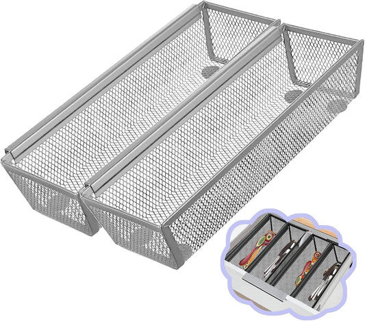 2PCS Drawer Organizer, Mesh Drawer Organizer with Interlocking Arm for Utensil, Cosmetic, Flatware, Pen (9 * 3 * 2 Inches, Grey)