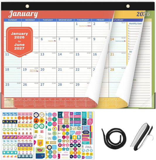 Ospelelf 2026 Desk Calendar with Plastic Cover, 12'' x 17'' Monthly Deskpad & Hanging Wall Calendar, 18 Month Family Office Calendars, Use January 2026 - June 2027, Colors