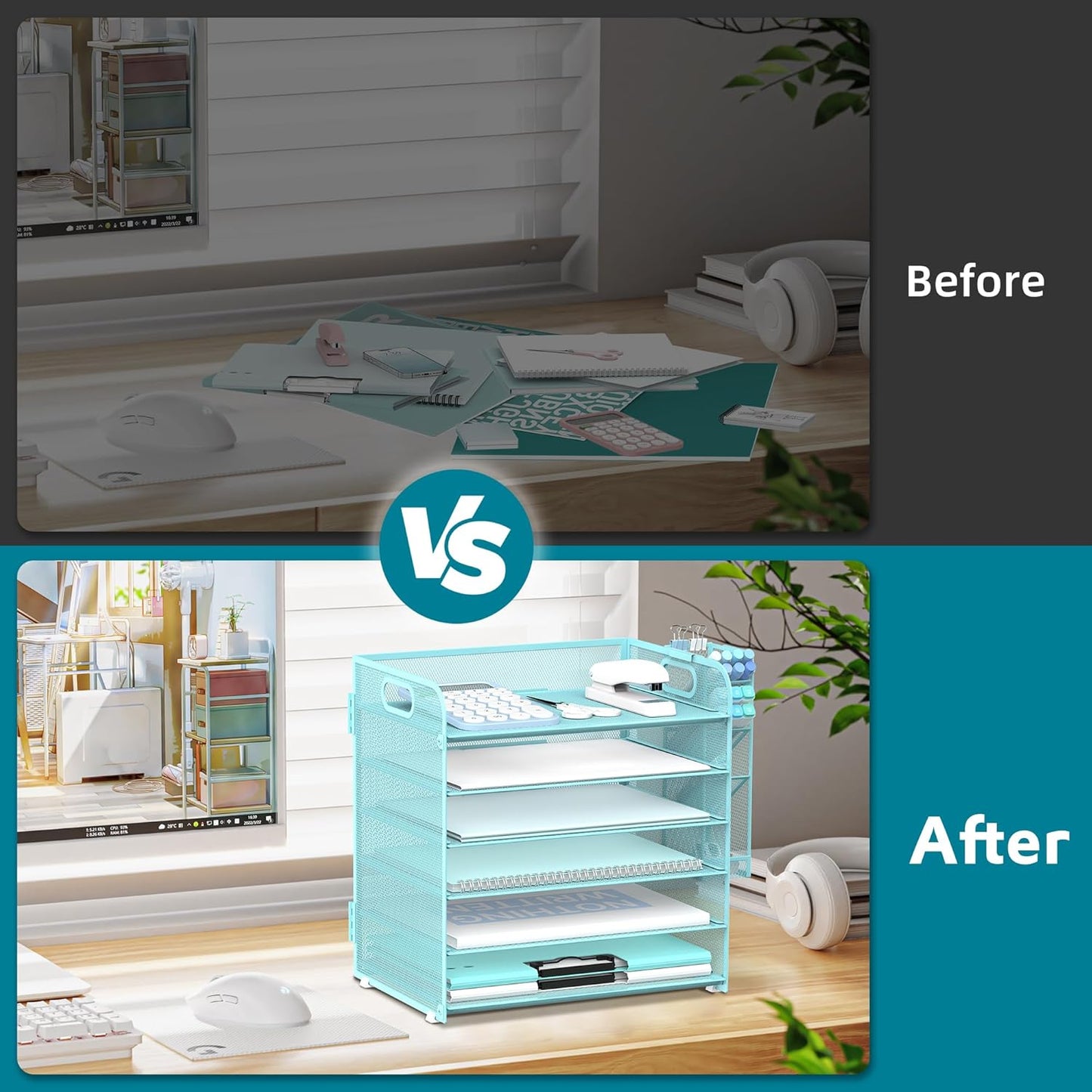 SUPEASY 6 Tier Paper Organizer with 4 Pen Holders, Mesh Letter Tray with Handle, A4 File Organizer, Blue