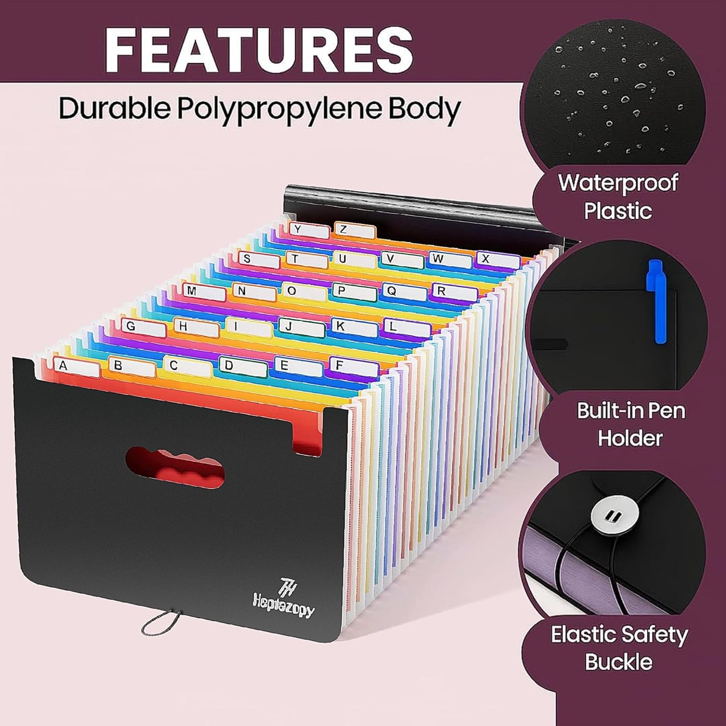 Plastic Accordion File Organizer, 26 Pockets Expandable File Folder Organizer, A4 Letter Size Filing Organizer with Colorful Tabs, Elastic Cord, 60 Paper Clip, Label & Stickers for Office School Home