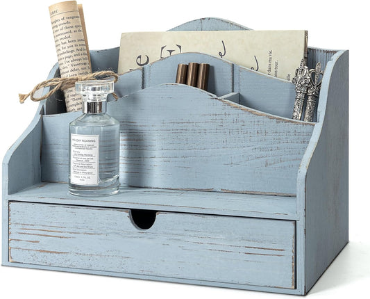 Rebee Vision Pine Wood Mail Organizer for Desk - Vintage Farmhouse Style Mail Organizer with Drawer & Dividers - 4-Slot Paper & Jewelry Sorter, Desktop Organizer for Exquisite Home Decor (Blue)