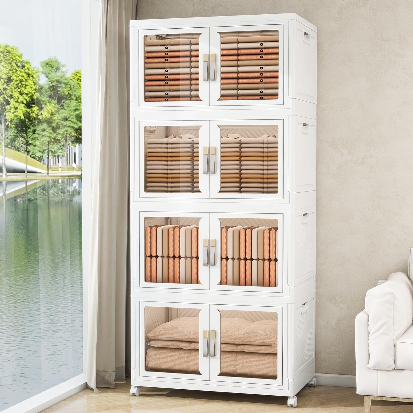 Large Stackable Storage Bins with Lids, 660QT-165QT*4Tier Foldable Cabinet for Closet Organizers, Plastic Storage Containers Box with Wheels