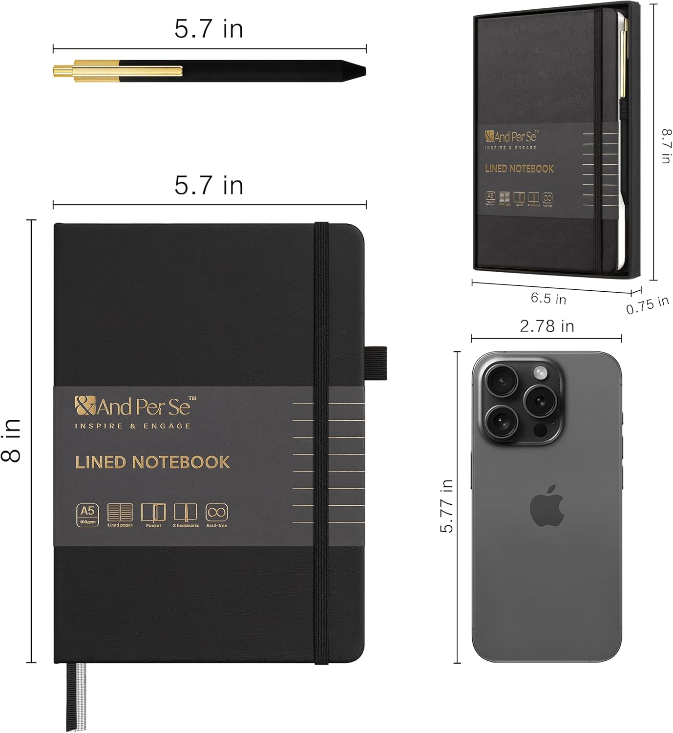 &And Per Se Lined Journal and Pen Set, A5 Leather Journal Stationery Set, 160 Pages 100GSM Thick Paper, Notebook Gift Set (Black)