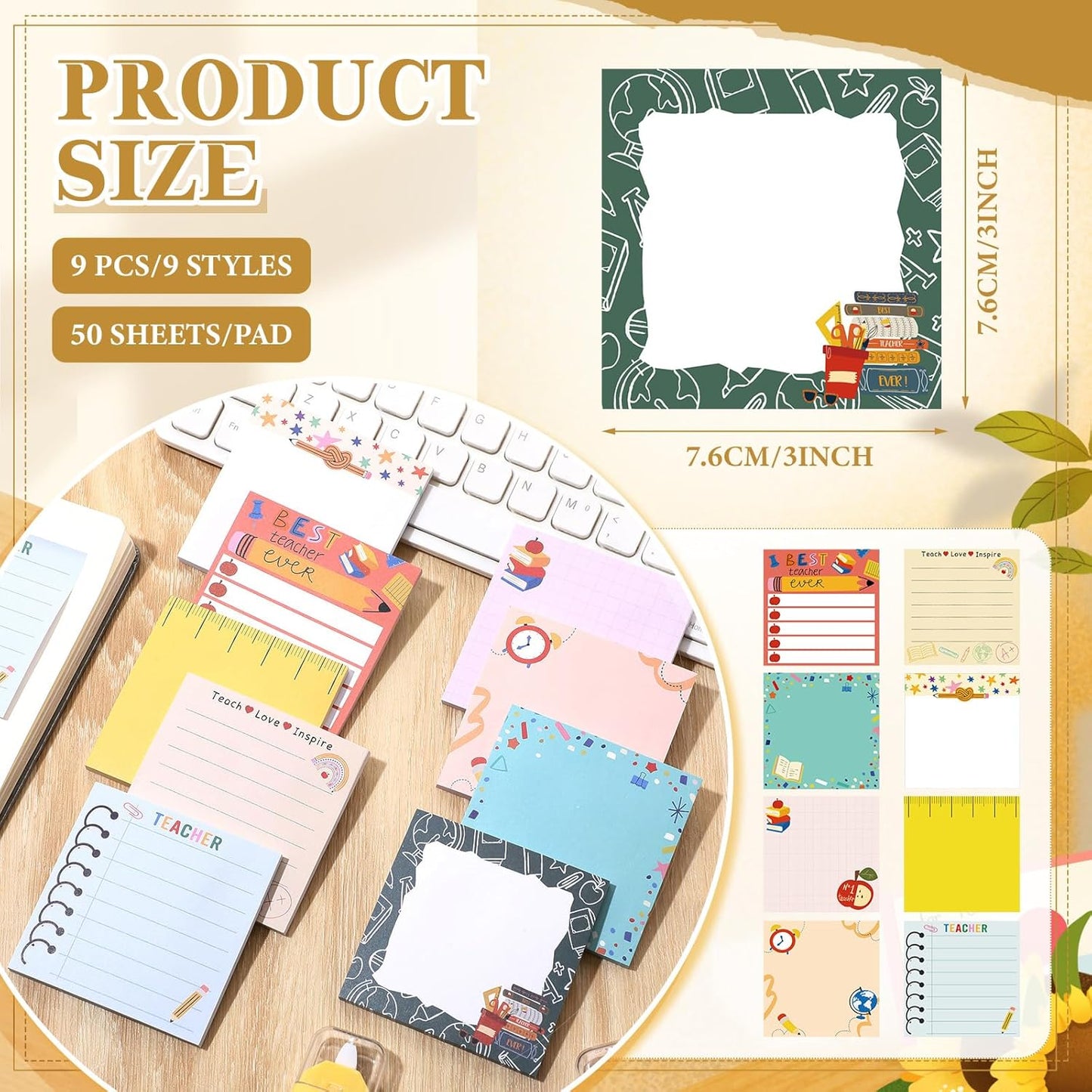 9 Pads Teacher Sticky Notes 3x3 Inch Cute Self Stick Notepads Notes Adhesive Memo Pad Office Decor Gifts for Students School Teacher Meeting Office Supplies