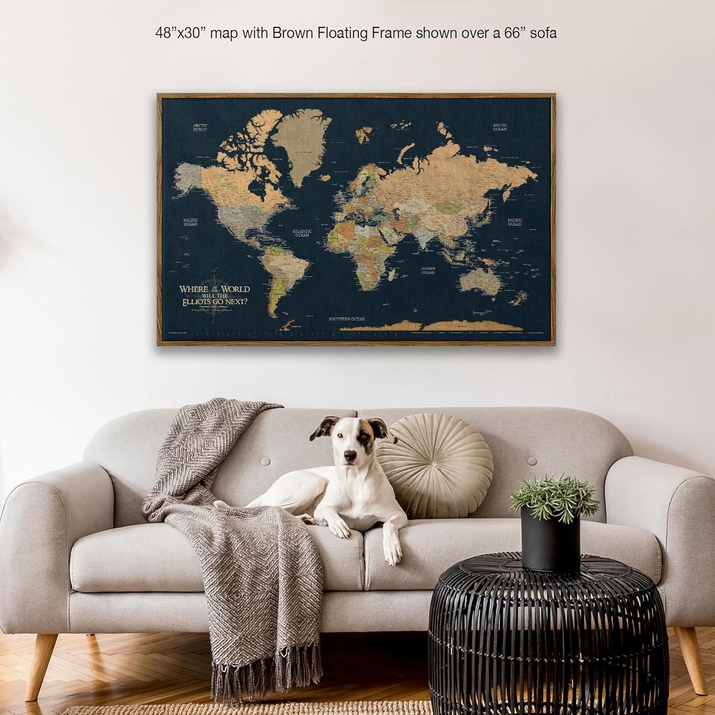 HolyCowCanvas Personalized Push Pin World Map on Canvas in Classic Earth Tones on Navy Background, World Map Pin Board, Travel Tracker to Mark Places Traveled (48x30, Floating Frame)