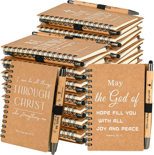 INSADA Christian Prayer Journal Spiral Notebooks Bulk with Pens - Small Notepads (4.13”x5.43”) - Christmas Gifts for Women men,Church Members & Bible Study Groups (30 sets Brown)