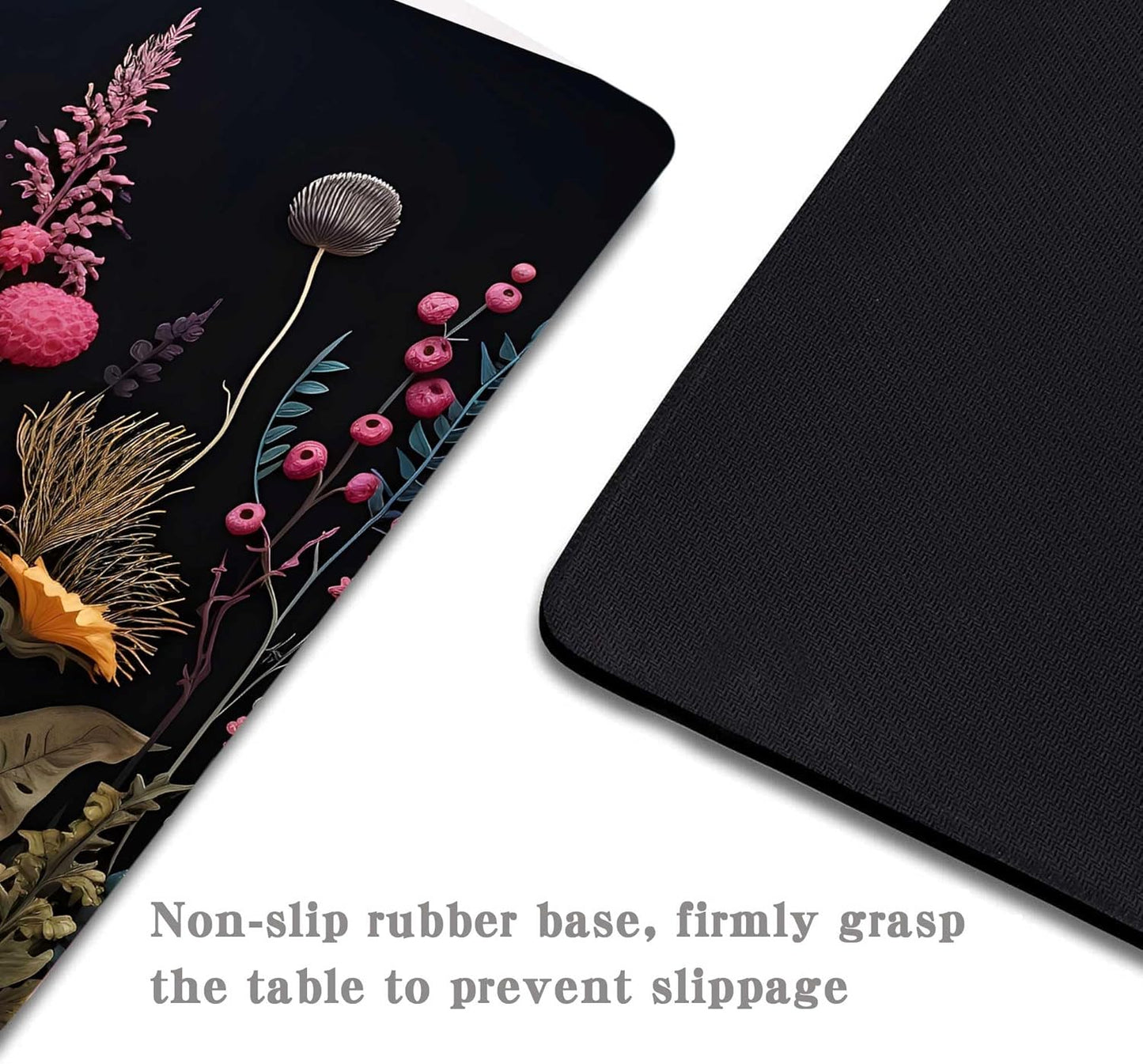 Black Pink Beauty Flowers Plants Mouse Pad,Brightly Colored Unique Design Computer Mousepad with Non-Slip Rubber Base for Women,Washable Mousepads Computer Mouse Pads for Desk Laptop Wireless Mouse