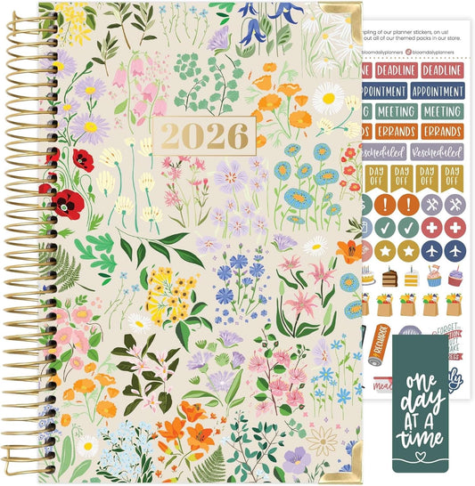 bloom daily planners HARDCOVER 2026 Planner (January to December) - A5 Task Goal Organizer - Monthly & Weekly Inspirational Agenda Book - 5.5" x 8.25" - Garden Party, Beige