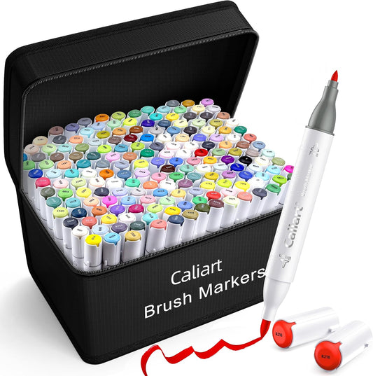 Caliart 180 Colors Alcohol Markers Brush Tip, Dual Tip Artists Coloring Markers Set Brush & Fine, Permanent Alcohol Based Colored Sketch Pens, Art Supplies Gifts for Adults Illustration Drawing