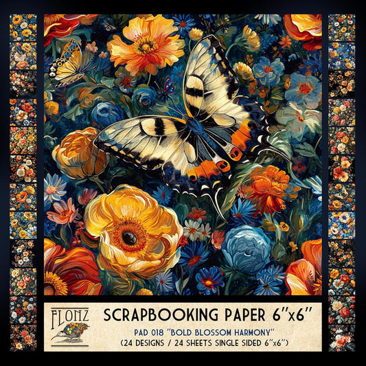 FLONZ Scrapbook Paper (24 sheets 6"x6") Bold Blossom Harmony ~ A vivid collection of richly colored floral illustrations in painterly decorative style with dark backgrounds ornate botanical detail