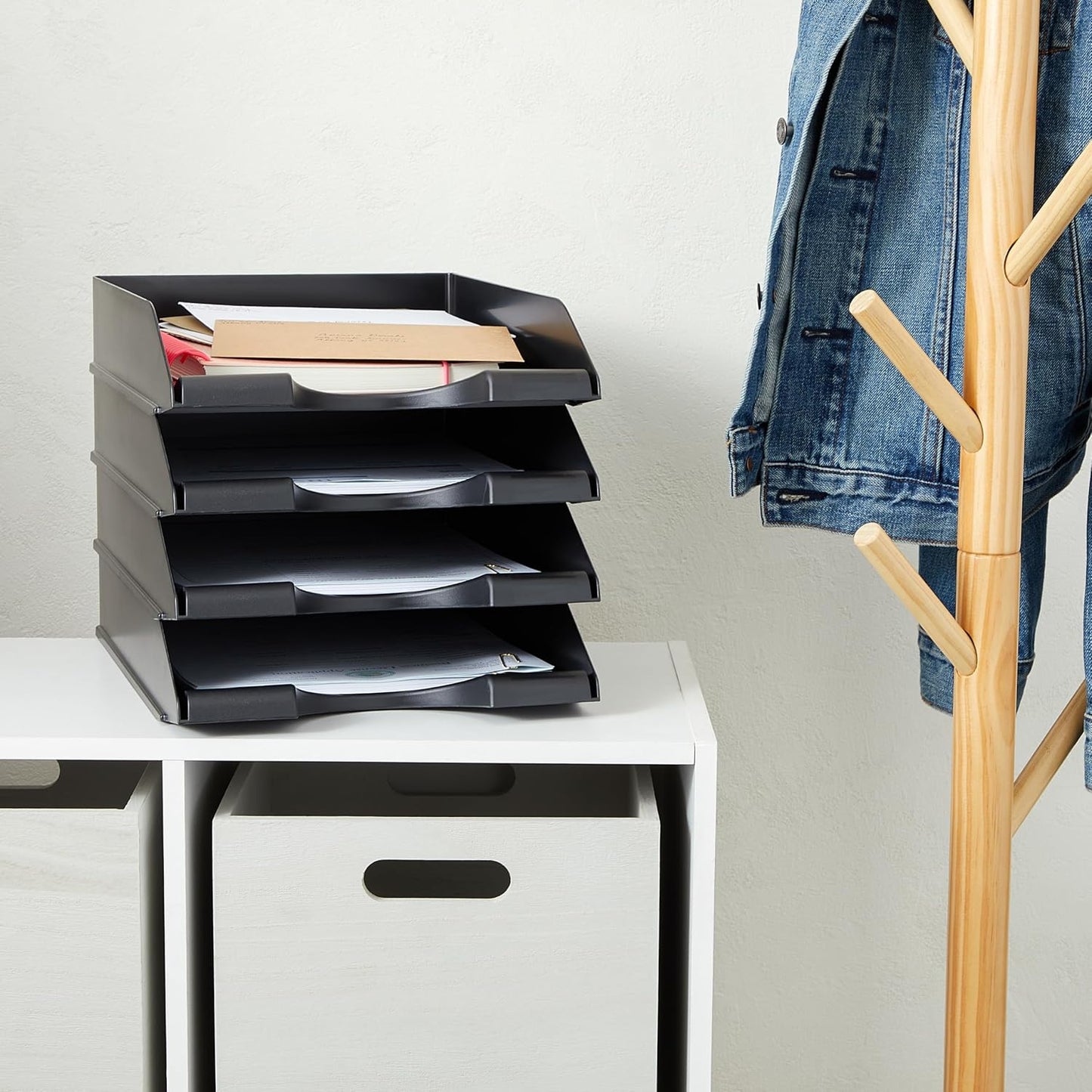 Stockroom Plus Letter Tray - Stackable Desk Organizer Trays - Desktop File Organizer - Mail & Document Storage - Pack of 4, Black, 10 x 13.5 x 2.5 in