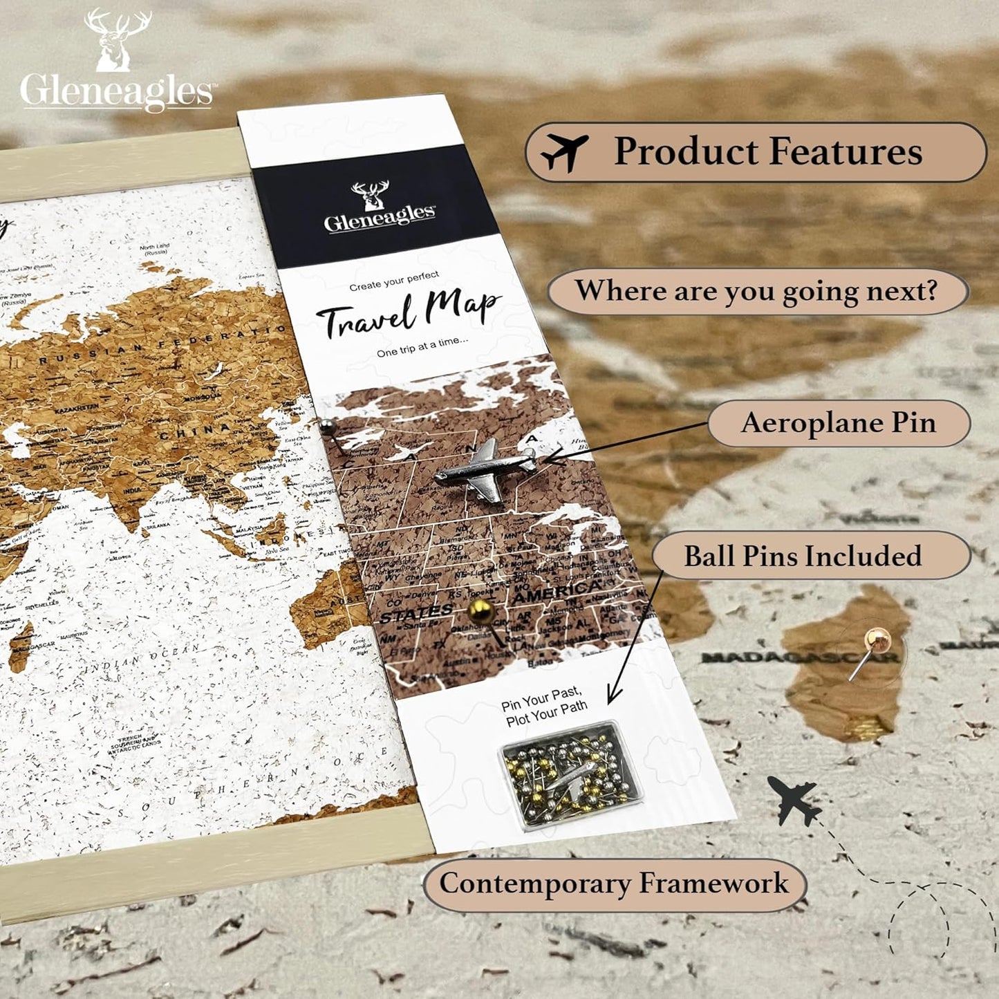 Gleneagles World Travel Map & Pin Board | Framed Pinboard | Cork Wooden Design | 70 Push Pins Included | 14.2'' x 21.2'' Personalised Home Wanderlust Decor for Travelers (Beige)