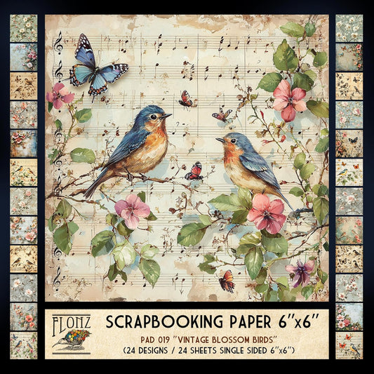 FLONZ Scrapbook Paper (24 sheets 6"x6") Vintage Blossom Birds ~ A delicate collection of floral and songbird illustrations in aged pastel tones with distressed textures and soft painterly charm