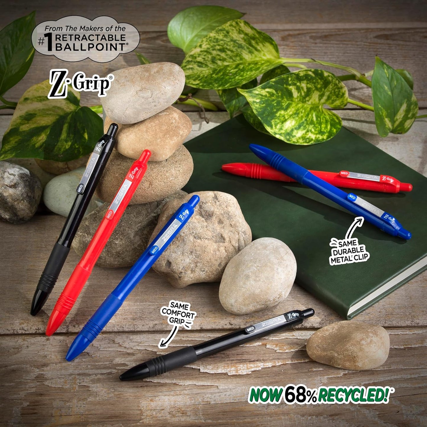 Zebra Pen Z-Grip Recycled Retractable Ballpoint Pens,1.0mm, Blue Ink, Durable Metal Clip, 68% Recycled (GRS Certified; Global Recycled Standards), 12-Pack (20620)