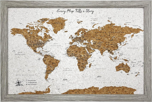 World Map Pin Board Travel Map Gray Frame | Framed Pinboard | Cork Wooden Design | 70 Push Pins Included | 14.2'' x 21.2'' Personalised Home Wanderlust Decor for Travelers
