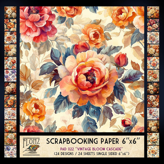 FLONZ Scrapbook Paper (24 sheets 6"x6") Vintage Bloom Cascade ~ A rich collection of lush floral illustrations in classic painterly style with soft brushwork, warm palettes timeless romantic flair