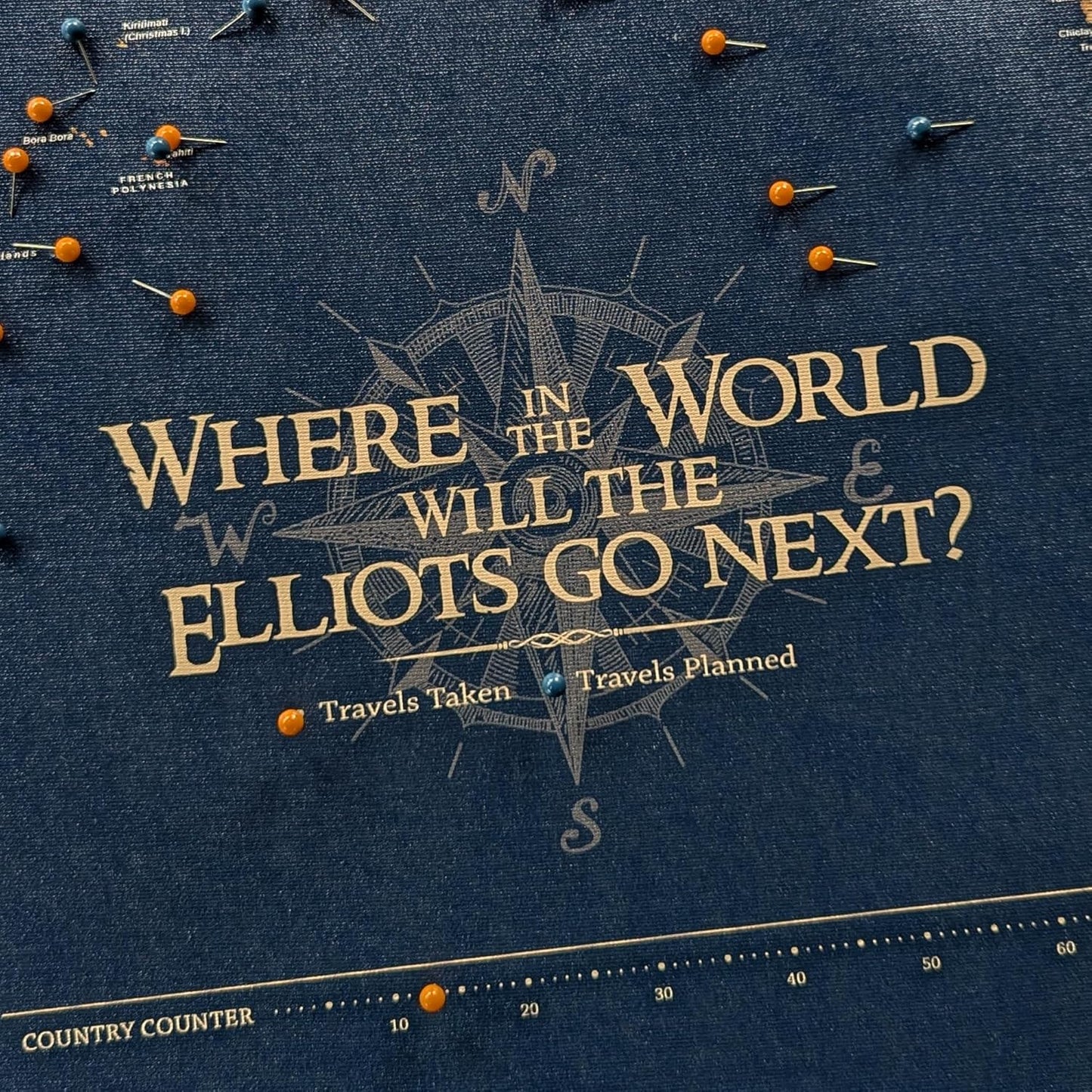 HolyCowCanvas Personalized Push Pin World Map on Canvas in Classic Earth Tones on Navy Background, World Map Pin Board, Travel Tracker to Mark Places Traveled (40x24, Rolled/Unframed)