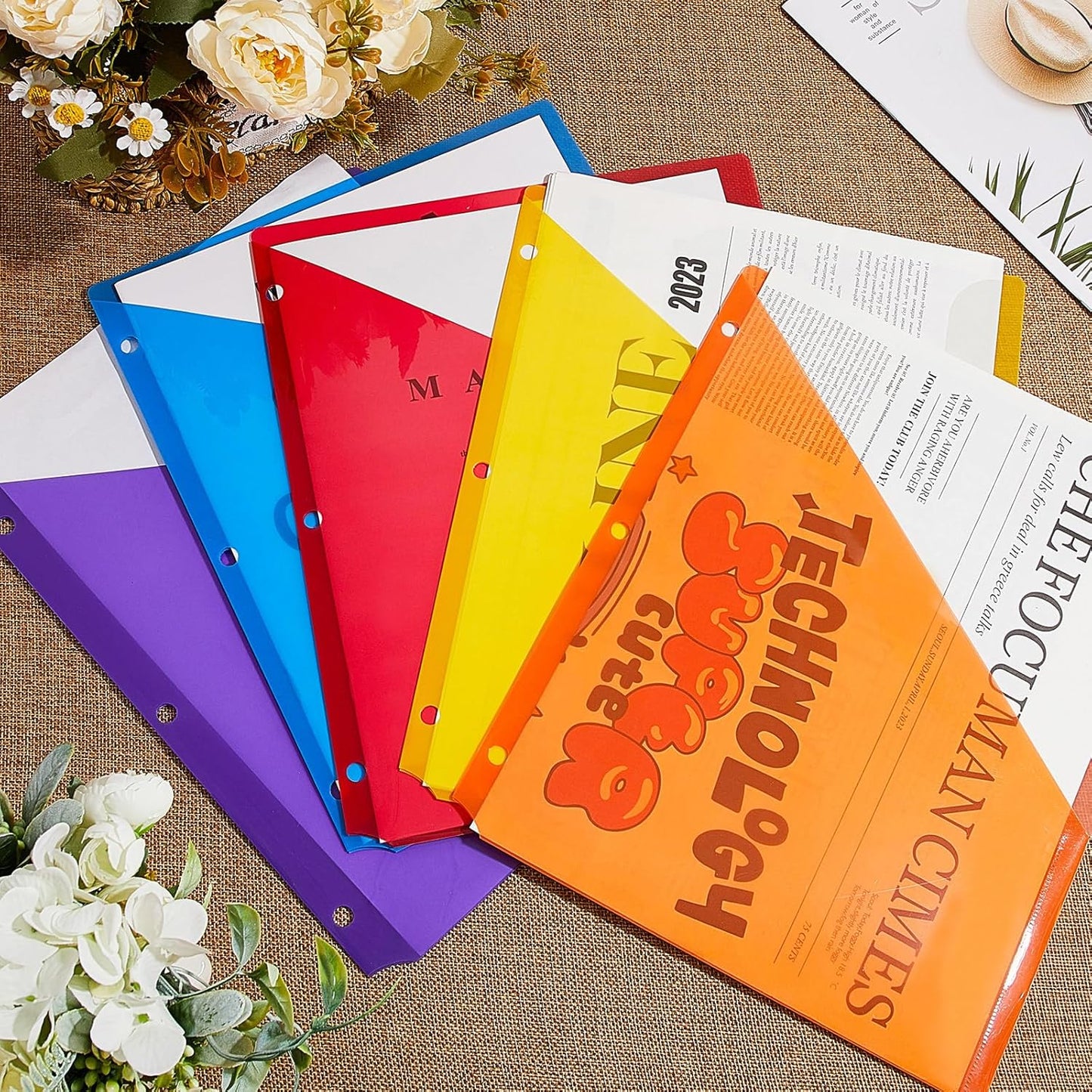 Maitys 50 Pack Binder Pockets 3 Hole Punch Clear Plastic Document Folders Binder Organizer Store Letter Size 8.5x11 Inch Paper Folders with Pockets Slash File Jacket for Office (Multicolor)