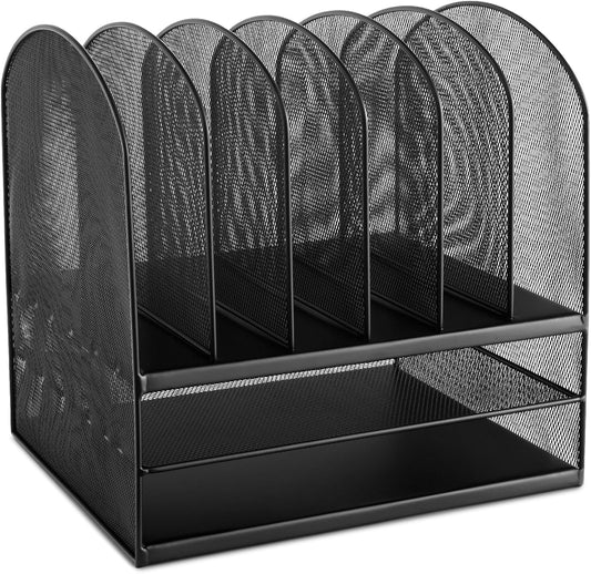 Safco Onyx Desk Organizer, 6 Vertical Compartments and 2 Trays, Office and Classroom Mailbox , Paper and Mail Sorter, Steel Mesh, Black