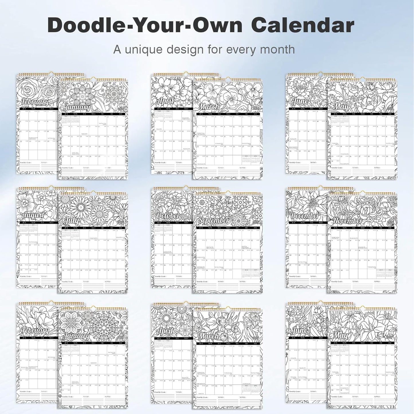 Ospelelf Wall Calendar 2026 - 2027 Hanging Coloring Calendar 12'' x 17'', Monthly Kids Calendars Planner with Plastic Cover, 18 Month Doodle Calendar for Family, Office, Use Jan 2026 - June 2027, Floral