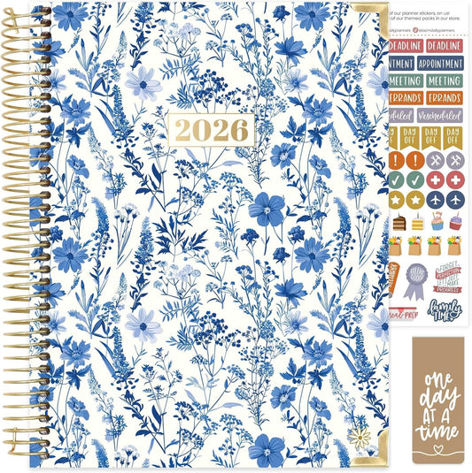 bloom daily planners HARDCOVER 2026 Planner (January to December) - 8.5” x 11” Weekly & Monthly Dated Agenda Organizer Book with Stickers & Tabs - Blue & White Floral