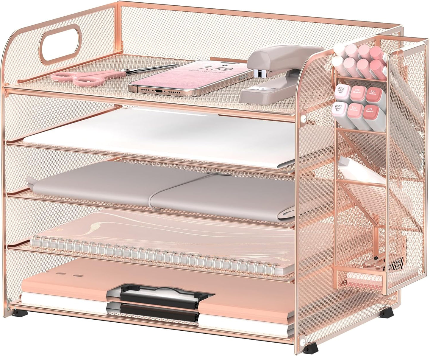 SUPEASY 5 Tier Desk Organizer with Handle & Removable Pen Holders, Mesh Paper/File Organizer for Office Supplies, Rose Gold