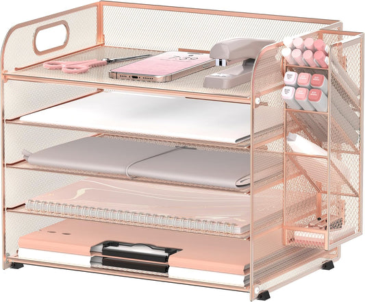 SUPEASY 5 Tier Desk Organizer with Handle & Removable Pen Holders, Mesh Paper/File Organizer for Office Supplies, Rose Gold