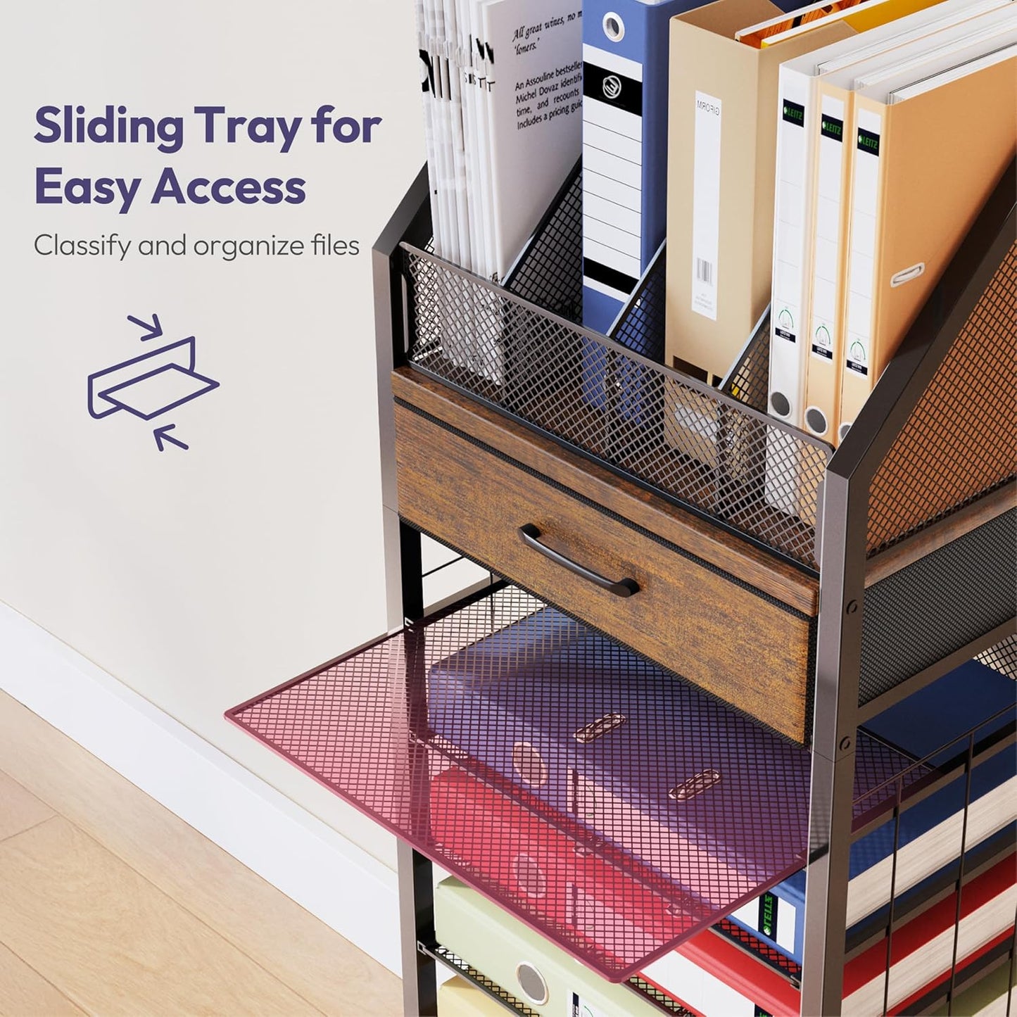 SWTYMIKI 9-Tier Rolling File Cart - Paper Organizer with Drawer and Trays, Wood Desk Office Organizer, Office Organization and Binder Storage for Workspace, Home, School, Espresso