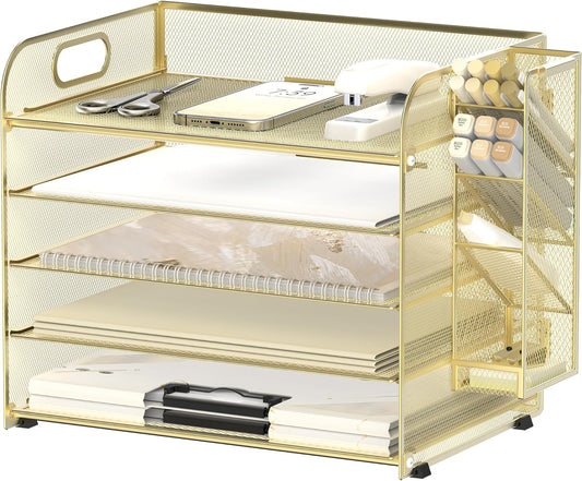 SUPEASY 5 Tier Desk Organizer with Handle & Removable Pen Holders, Mesh Paper/File Organizer for Desk, Paper Letter Tray Organizer for Office Supplies, Gold