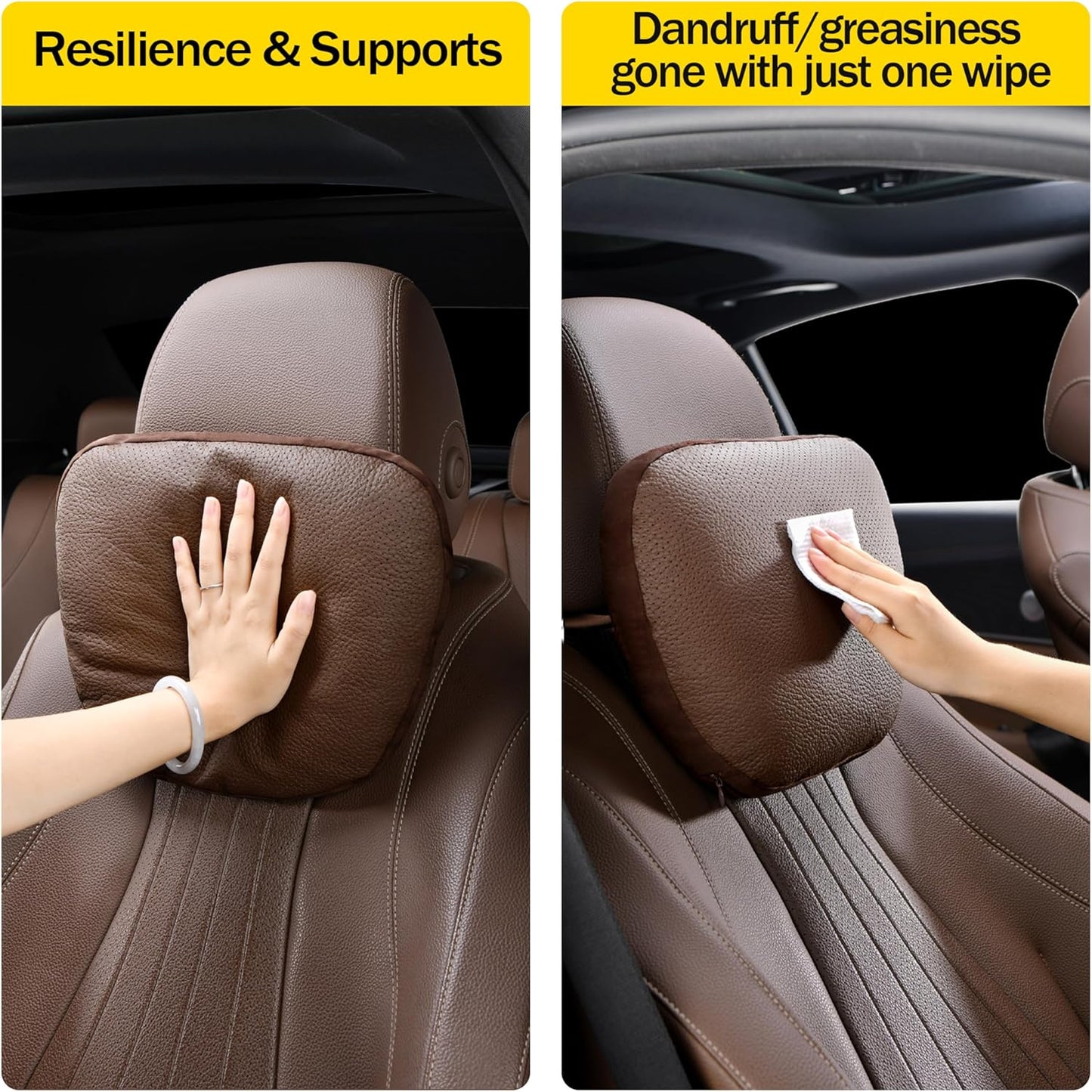 Genuine Leather Car Neck Pillow for headrest,Support Drive Seats Head Cushion,Real Cow Leather,Plant-Based Polyester,Thickness & Height Adjustable,Inner Liner fillable(Orange Brown,1p)