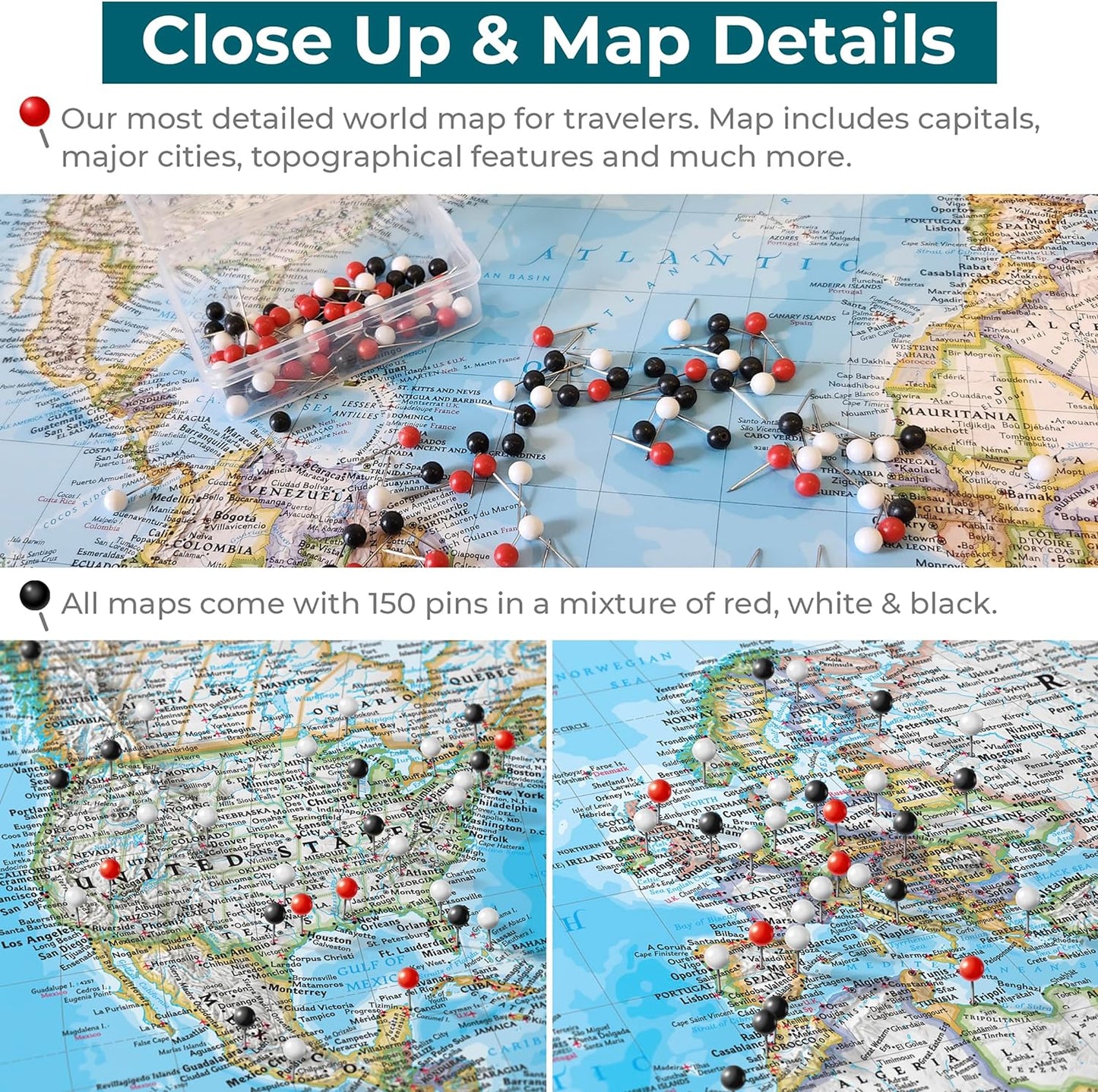 Personalized Canvas Rolled Poster World Map Wall Art with Pins – Large 24" x 36" Classic Map of the World – Push Pin Travel Decor for Home or Office