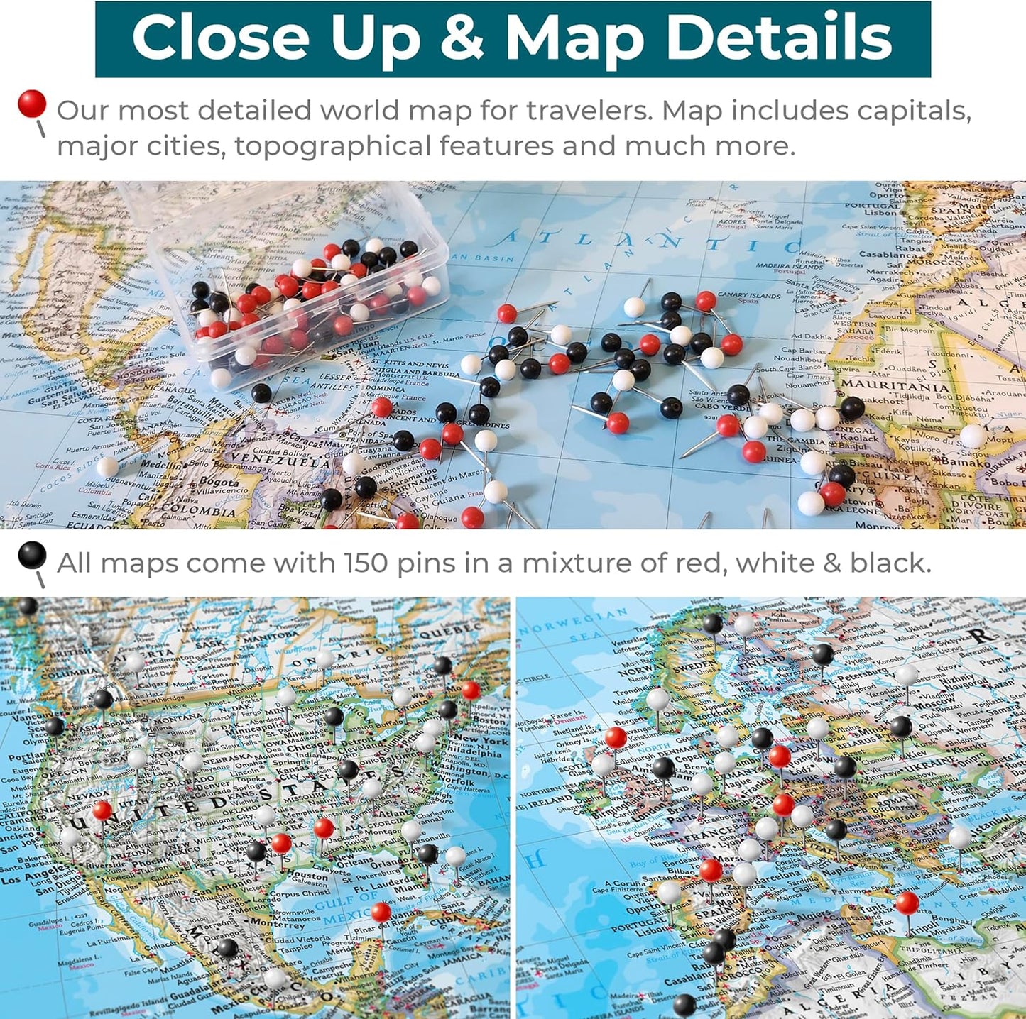 Canvas Classic World Map Pin Board – Framed Travel Map with Pins for Wall – Personalized Push Pin World Map for Tracking Journeys – 27.5" x 39.5" Brown Frame