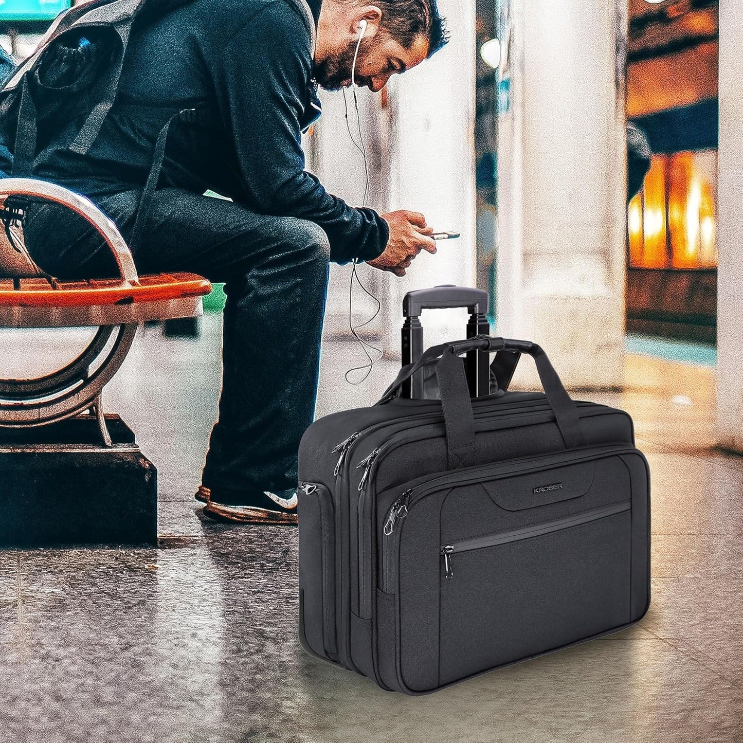 KROSER Rolling Laptop Bag Premium Wheeled Briefcase Fits Up to 17.3 Inch Laptop Overnight Roller Case Computer Bag with RFID Pockets for Travel/Business/Men/Women-Black