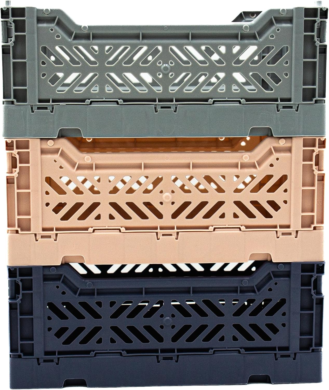 Collapsible Storage Box, Foldable Crate Organizer Bin with Handle, Stackable Crates for Home Organization (Gray-MilkTea-Navy, 4L - 3-Pack)