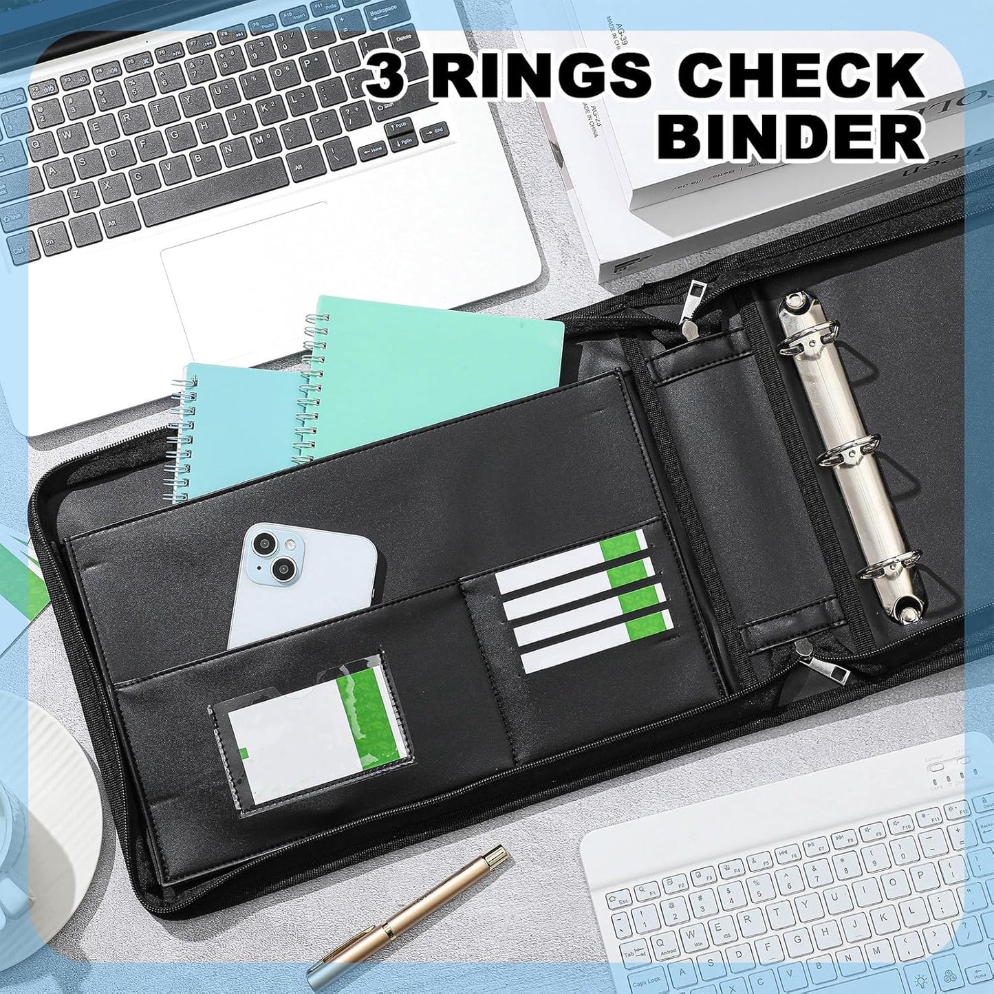 Henoyso 3 Rings Fireproof Business Check Binder with Zipper 1 Inch DRings 3 on a Page Fit 3 & 9 Holes Check 600 Sheets Capacity Organizer Binder for Office Storage End Stub Deskbook(Black)