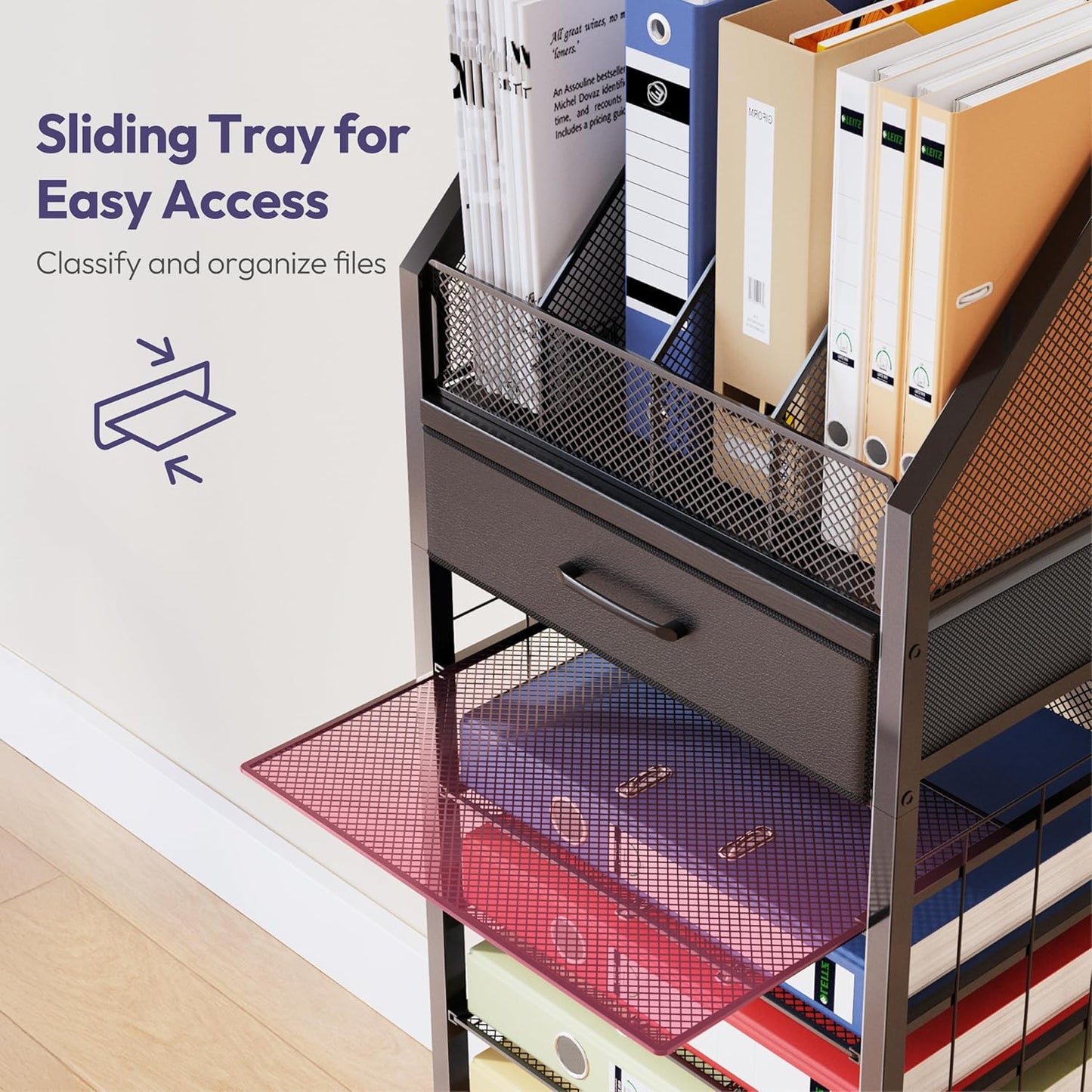 SWTYMIKI 9-Tier Rolling File Cart - Paper Organizer with Drawer and Trays, Wood Desk Office Organizer, Office Organization and Binder Storage for Workspace, Home, School, Black