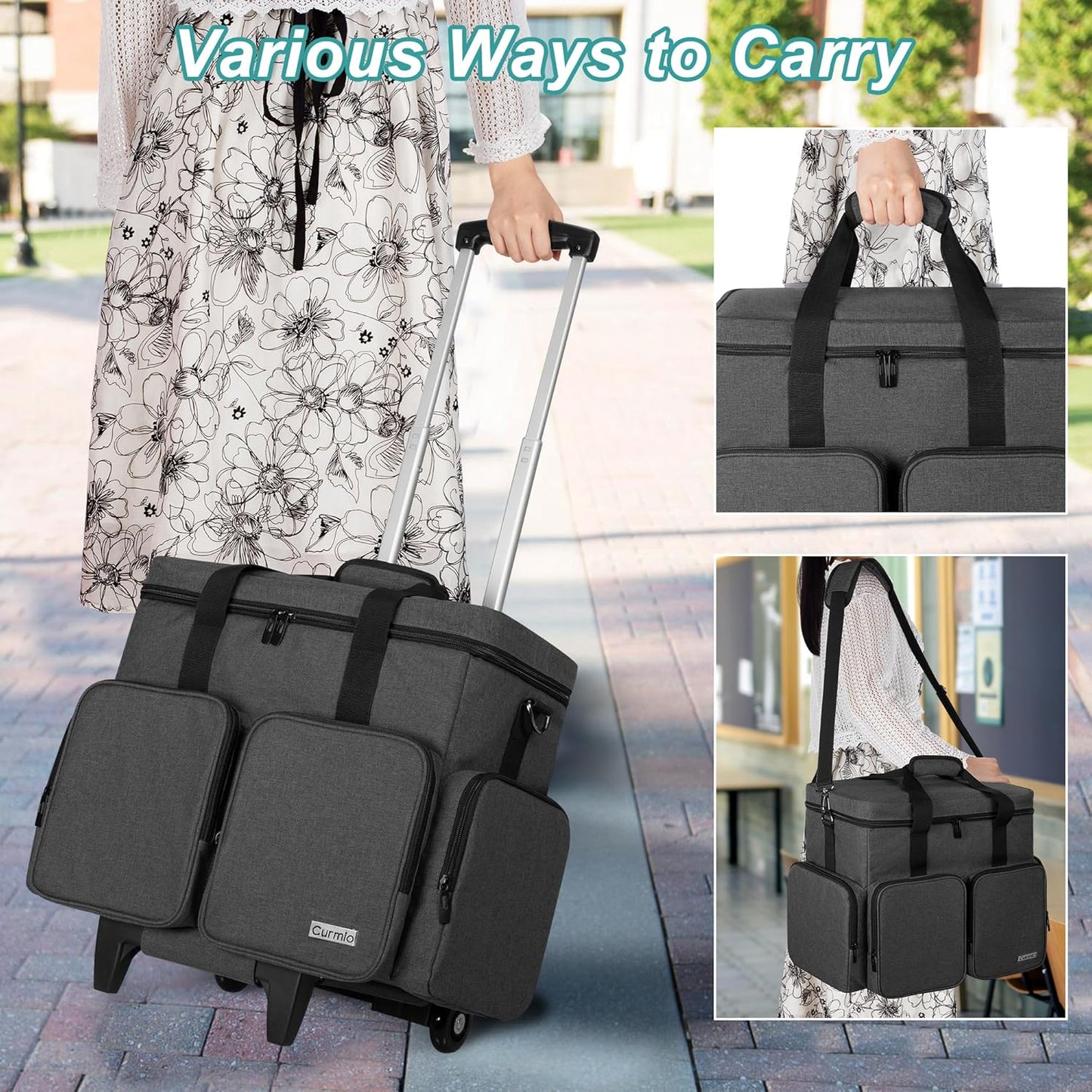 CURMIO Rolling Teacher Tote Bag with Padded Laptop Compartment for up to 15.6 Inches Laptop, Wheeled Teacher Bag for Teaching, Office, Craft, Black