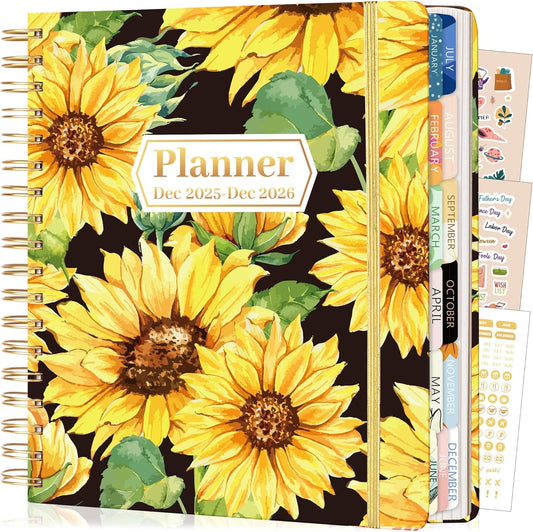 CAGIE 2026 Planner Weekly and Monthly Dec 2025-Dec 2026 Hardcover Calendar Planners with Stickers& Month Tabs for Women Spiral Bound 26 Yearly Agenda, 8.3"x9.1", Sunflower