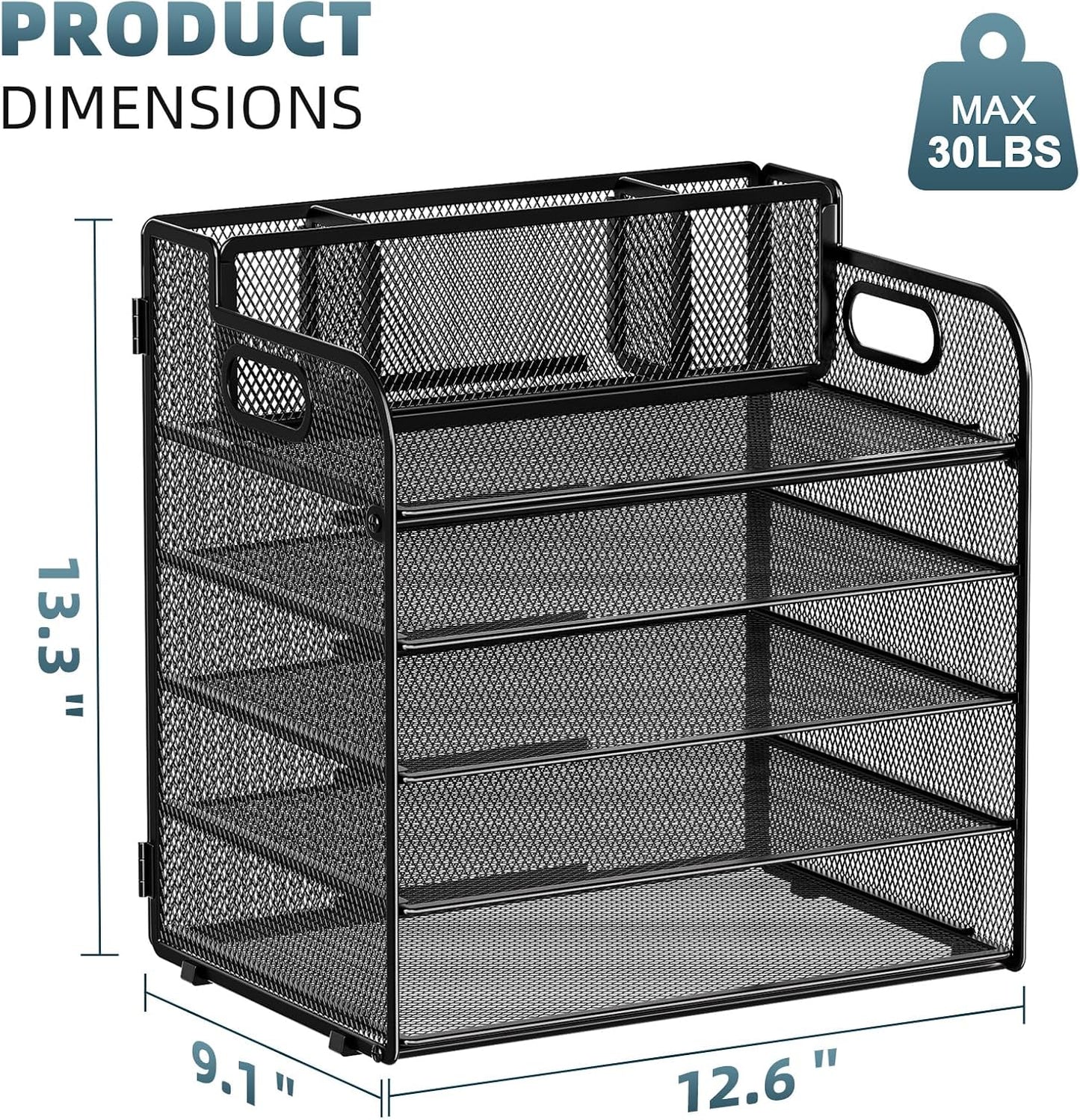 Marbrasse 5 Tier Paper Organizer with 3 Pen Holders, Mesh Desk File Organizers with Handle, Paper Sorter Desk Organizer for Home Office Supplies(Black)