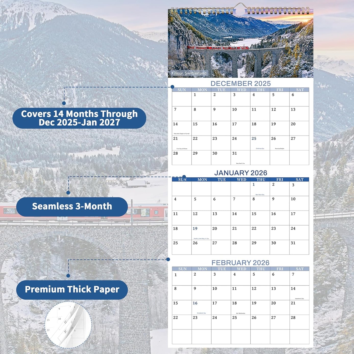 2026 Calendar - 3 Month Calendar 2026 Wall Calendar, 14 Months December 2025-January 2027, Vertical 3-Month Display Calendars 2026, 12 Unique Patterns 3 Month Wall Calendars 2026, 12"×26"